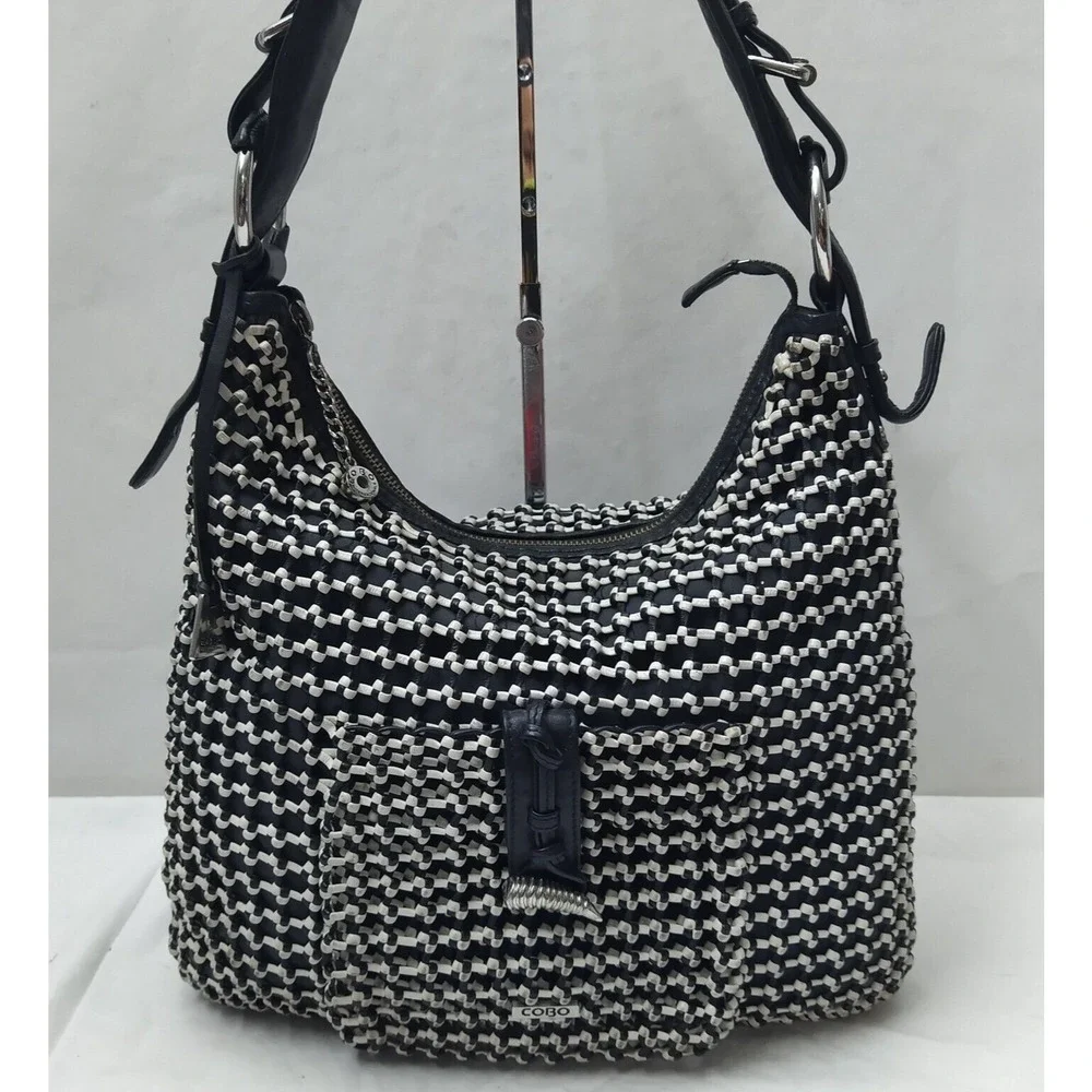 COBO International Black Nylon Mesh Woven Front Pocket Zipper Hobo Shoulder Bag